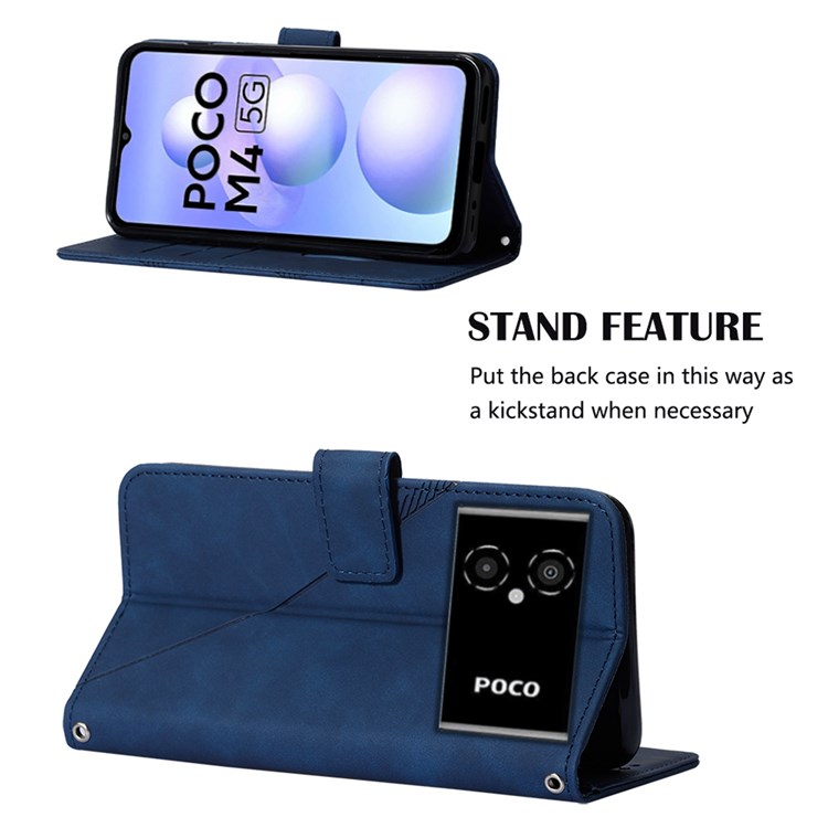 Anti-Drop Phone Case for Xiaomi Poco M4 5G YB Imprinting Series-2 Imprinted Lines Business Style PU Leather Stand Cover with Shoulder Strap / Wallet - Sapphire-3