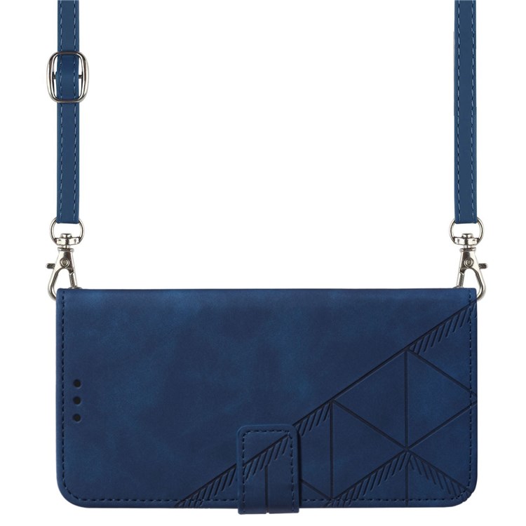 Anti-Drop Phone Case for Xiaomi Poco M4 5G YB Imprinting Series-2 Imprinted Lines Business Style PU Leather Stand Cover with Shoulder Strap / Wallet - Sapphire-7