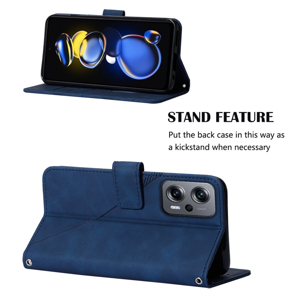 Wallet Phone Case for Xiaomi Redmi Note 11T Pro 5G / 11T Pro+ 5G / Poco X4 GT 5G YB Imprinting Series-2 Imprinted Lines Business Style PU Leather Stand Cover with Shoulder Strap - Sapphire-3