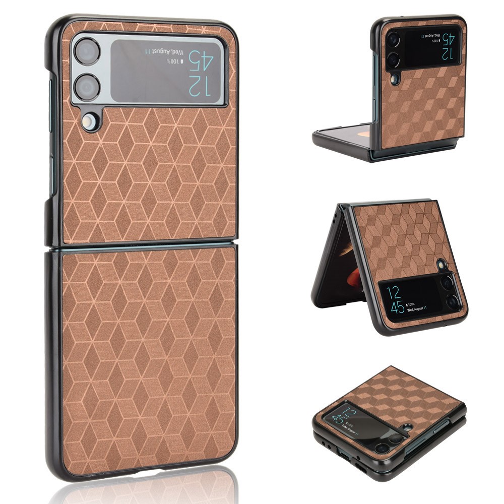 For Samsung Galaxy Z Flip4 5G Anti-scratch Rhombus Imprinted Folding Phone Case Anti-drop PU Leather Coated PC Cover - Brown-1