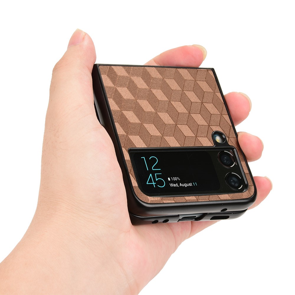 For Samsung Galaxy Z Flip4 5G Anti-scratch Rhombus Imprinted Folding Phone Case Anti-drop PU Leather Coated PC Cover - Brown-4