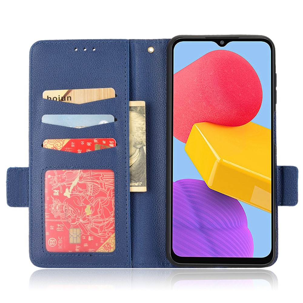 For Samsung Galaxy M13 4G PU Leather Litchi Texture Phone Case Stand Function Dual Magnetic Clasp Flip Wallet Cover - Dark Blue-2