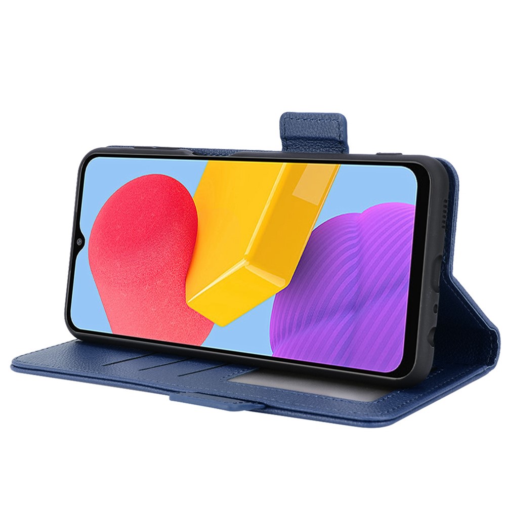 For Samsung Galaxy M13 4G PU Leather Litchi Texture Phone Case Stand Function Dual Magnetic Clasp Flip Wallet Cover - Dark Blue-3