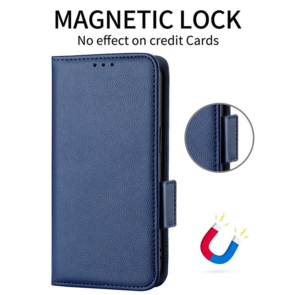For Samsung Galaxy M13 4G PU Leather Litchi Texture Phone Case Stand Function Dual Magnetic Clasp Flip Wallet Cover - Dark Blue-4