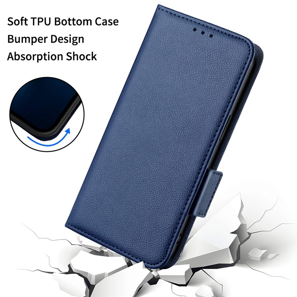 For Samsung Galaxy M13 4G PU Leather Litchi Texture Phone Case Stand Function Dual Magnetic Clasp Flip Wallet Cover - Dark Blue-5