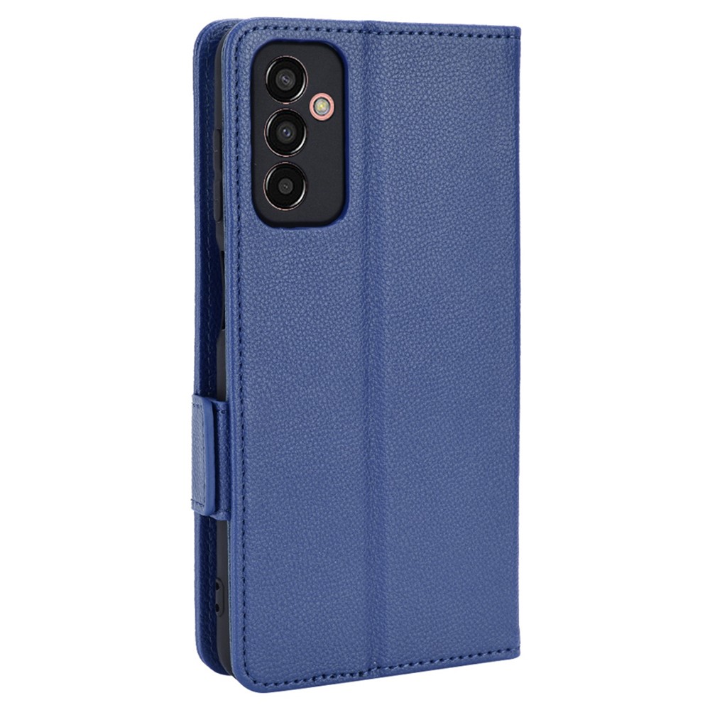 For Samsung Galaxy M13 4G PU Leather Litchi Texture Phone Case Stand Function Dual Magnetic Clasp Flip Wallet Cover - Dark Blue-8
