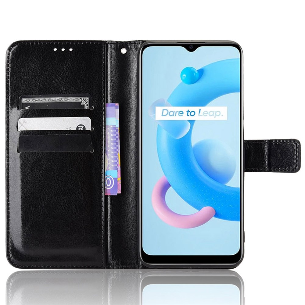 For Realme V20 5G Drop-proof Phone Wallet Case Anti-scratch Crazy Horse Texture PU Leather Stand Cover Protective Shell - Black-2