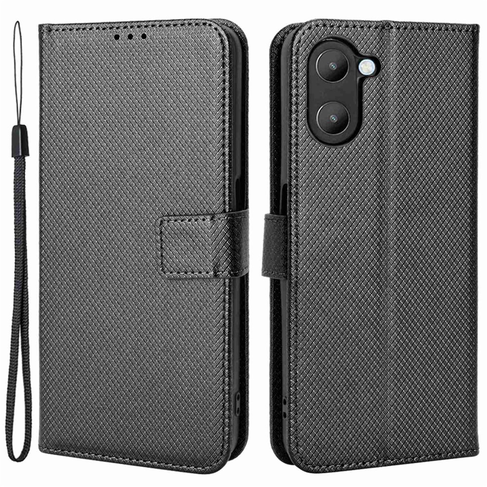 For Realme V20 5G Shockproof Phone Wallet Case Diamond Texture PU Leather Anti-scratch Phone Cover with Wrist Strap - Black-1