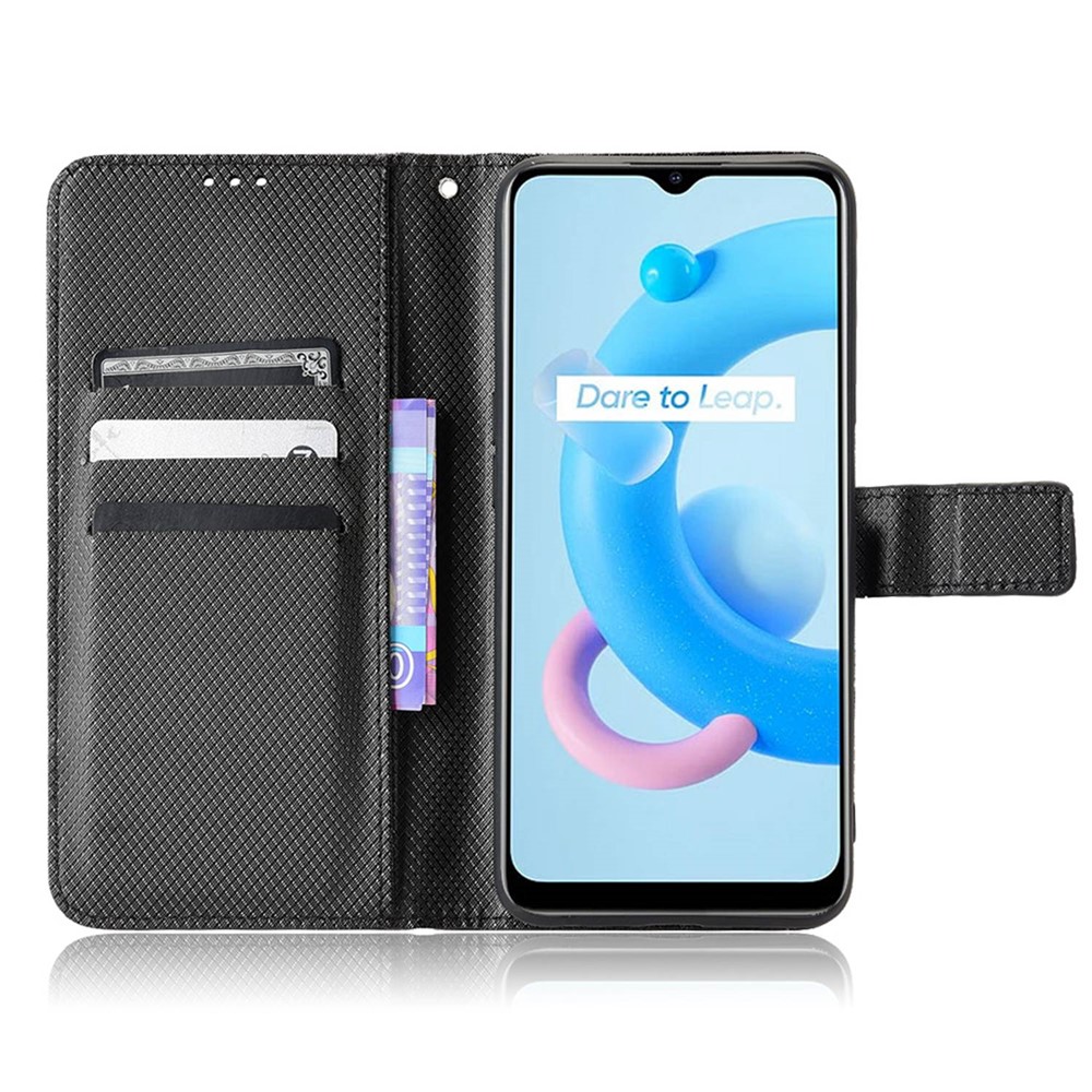 For Realme V20 5G Shockproof Phone Wallet Case Diamond Texture PU Leather Anti-scratch Phone Cover with Wrist Strap - Black-2