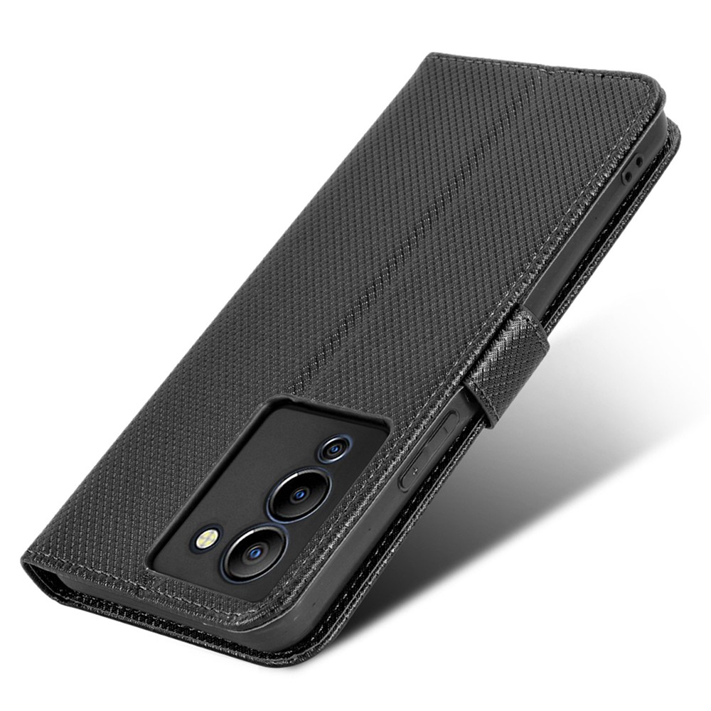 For Infinix Note 12 G96 / Note 12 Turbo / X670 Drop-proof Phone Flip Wallet Case Anti-wear Diamond Texture PU Leather Cover Stand Card Holder with Wrist Strap - Black-4