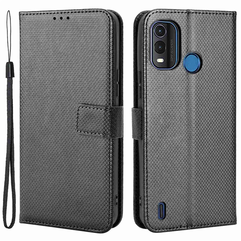 For Nokia G11 Plus 4G Shockproof Phone Wallet Case Anti-fall Full Protection Diamond Texture PU Leather Phone Cover with Wrist Strap - Black-1