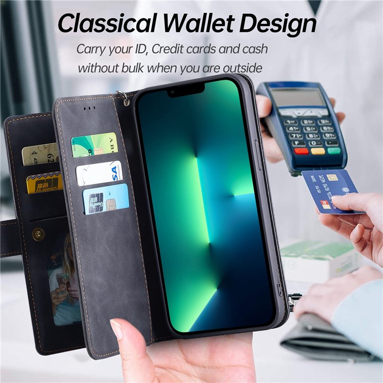 CASEDANCE Waltz 002 Series Magnetic Closure Phone Cover for iPhone 12 Pro Max 6.7 inch, Handy Strap Wallet Adjustable Stand Phone Case - Black-5