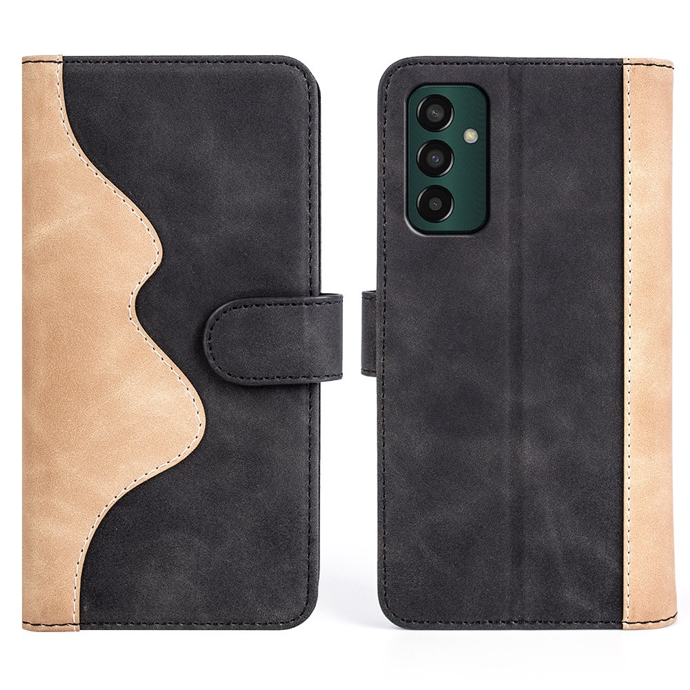 For Samsung Galaxy M13 4G Color Splicing PU Leather Stand Case Folio Flip Phone Wallet Cover - Black-1