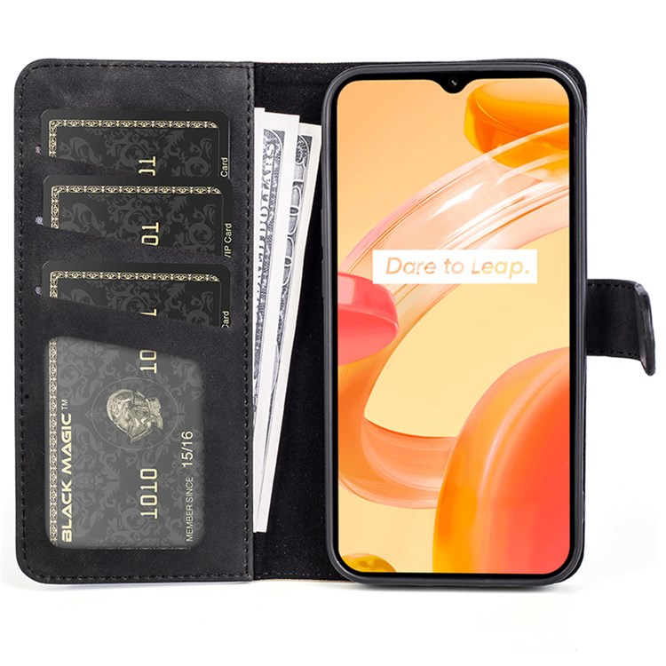 Color Splicing Phone Case for Realme C30 4G, PU Leather TPU Full Protection Cover with Stand Wallet - Black-2