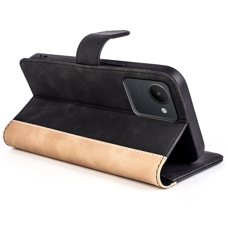 Color Splicing Phone Case for Realme C30 4G, PU Leather TPU Full Protection Cover with Stand Wallet - Black-3