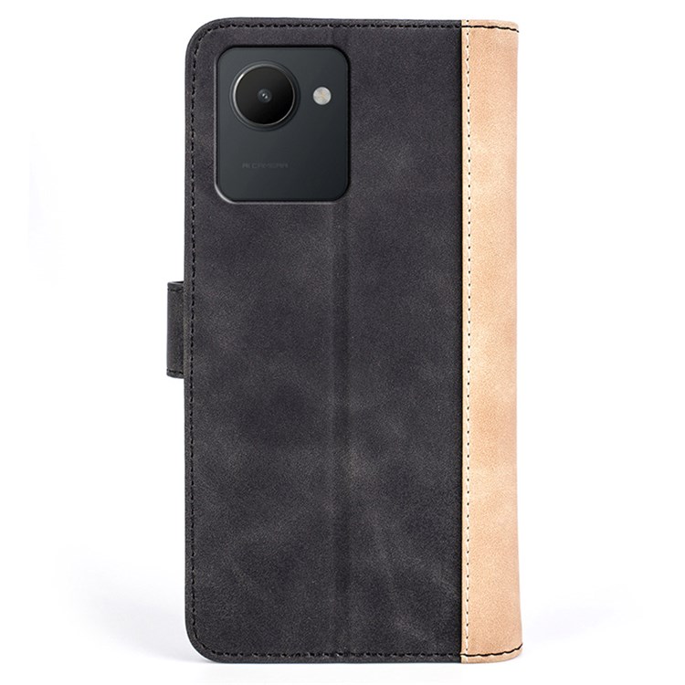 Color Splicing Phone Case for Realme C30 4G, PU Leather TPU Full Protection Cover with Stand Wallet - Black-7