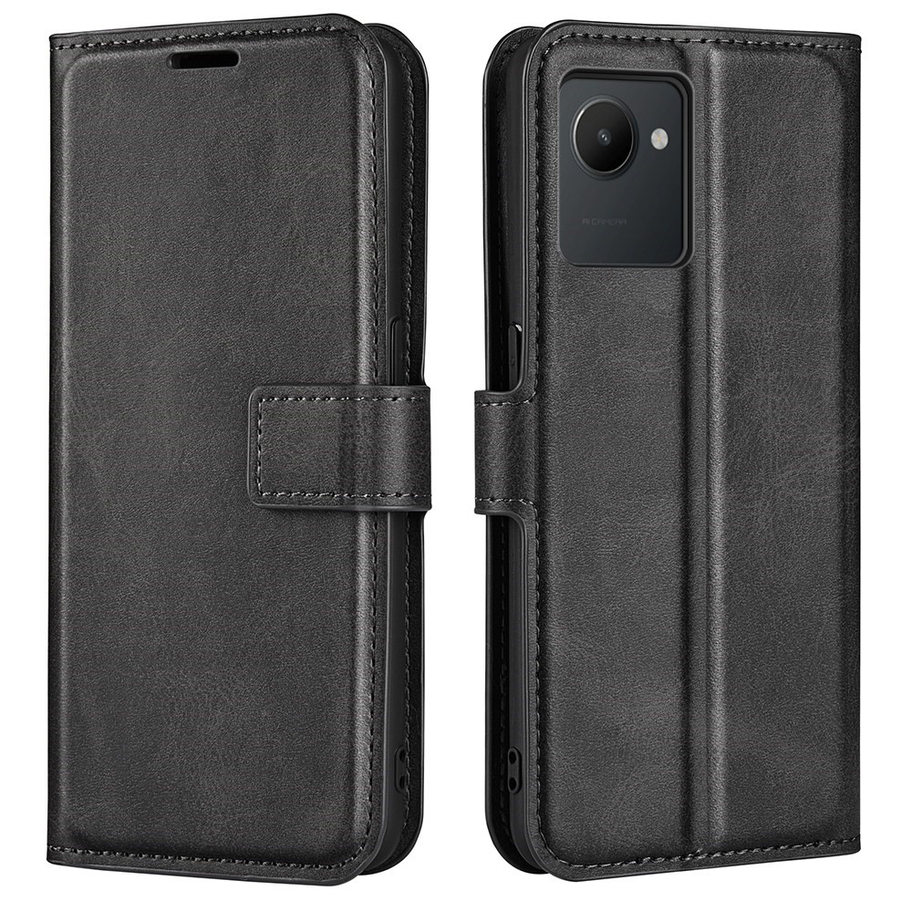 Square Magnetic Clasp Phone Case for Realme C30 4G, Textured PU Leather + TPU Wallet Stand Cover - Black-1