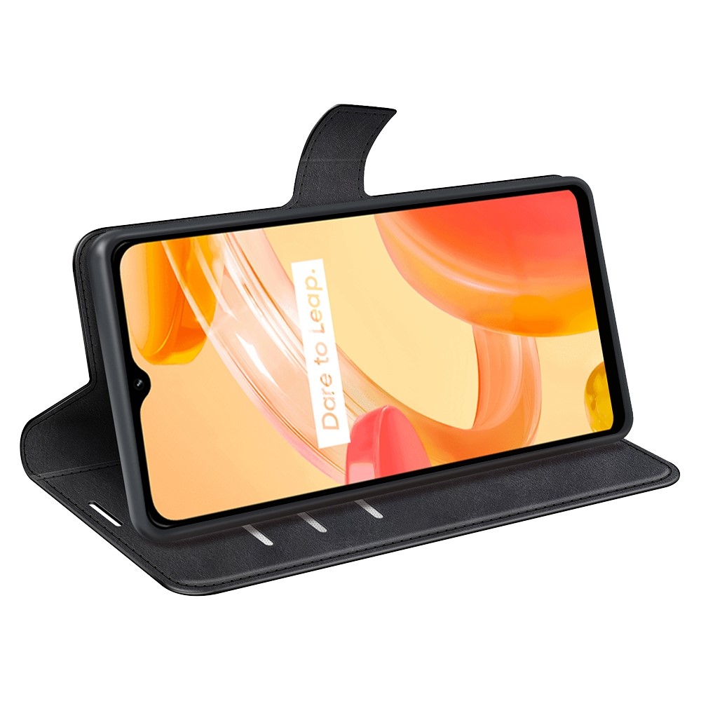 Square Magnetic Clasp Phone Case for Realme C30 4G, Textured PU Leather + TPU Wallet Stand Cover - Black-3