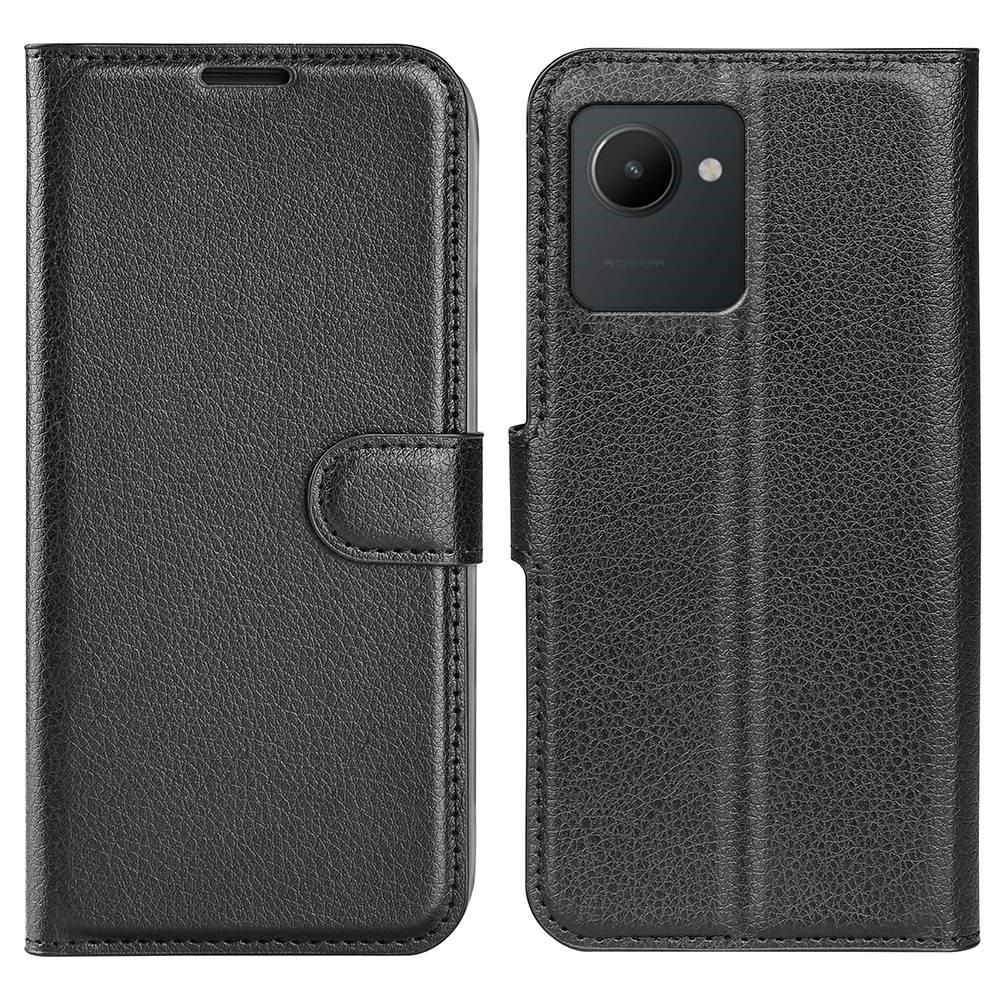 For Realme C30 4G Litchi Texture PU Leather Stand Phone Case Anti-scratch Wallet Protective Cover - Black-1