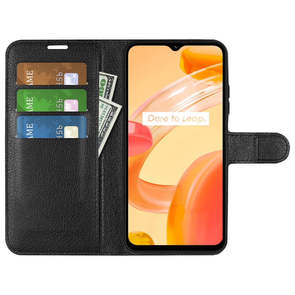 For Realme C30 4G Litchi Texture PU Leather Stand Phone Case Anti-scratch Wallet Protective Cover - Black-2