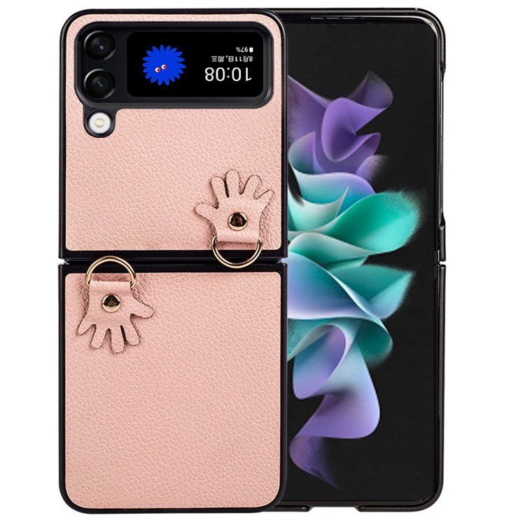 For Samsung Galaxy Z Flip4 5G Litchi Texture Phone Case PU Leather Coated Hard PC Impact-Resistant Cover with Lanyard - Light Pink-2