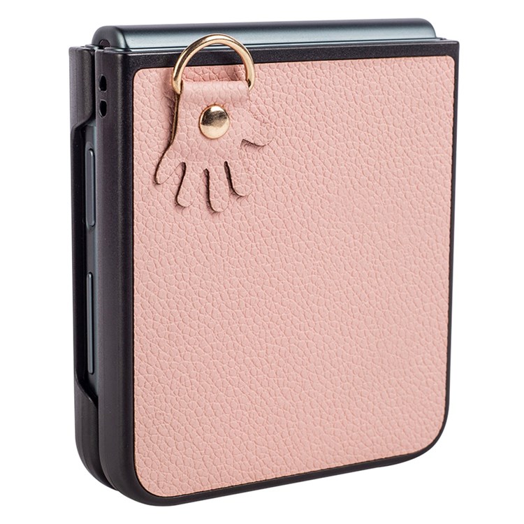 For Samsung Galaxy Z Flip4 5G Litchi Texture Phone Case PU Leather Coated Hard PC Impact-Resistant Cover with Lanyard - Light Pink-3