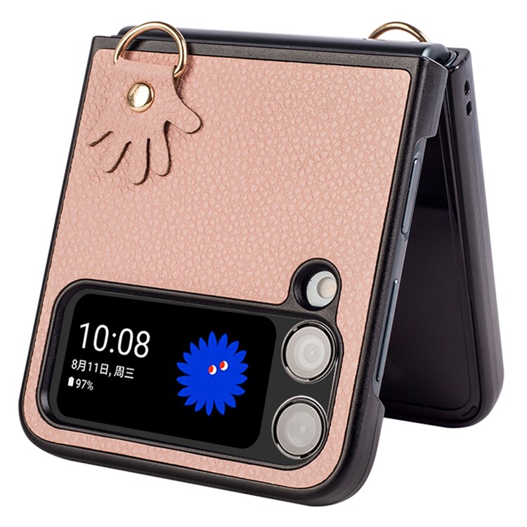 For Samsung Galaxy Z Flip4 5G Litchi Texture Phone Case PU Leather Coated Hard PC Impact-Resistant Cover with Lanyard - Light Pink-4