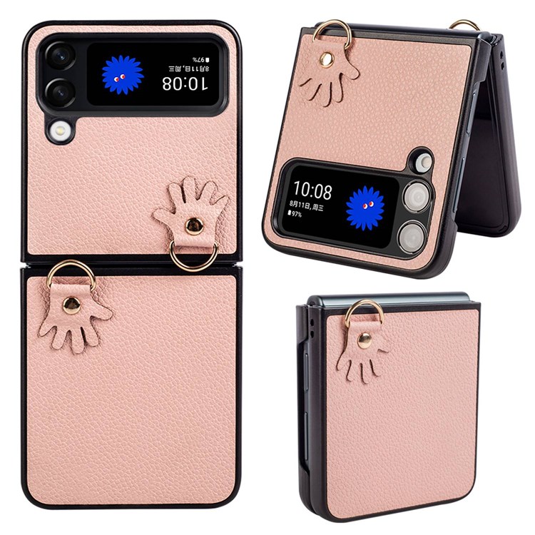 For Samsung Galaxy Z Flip4 5G Litchi Texture Phone Case PU Leather Coated Hard PC Impact-Resistant Cover with Lanyard - Light Pink-5