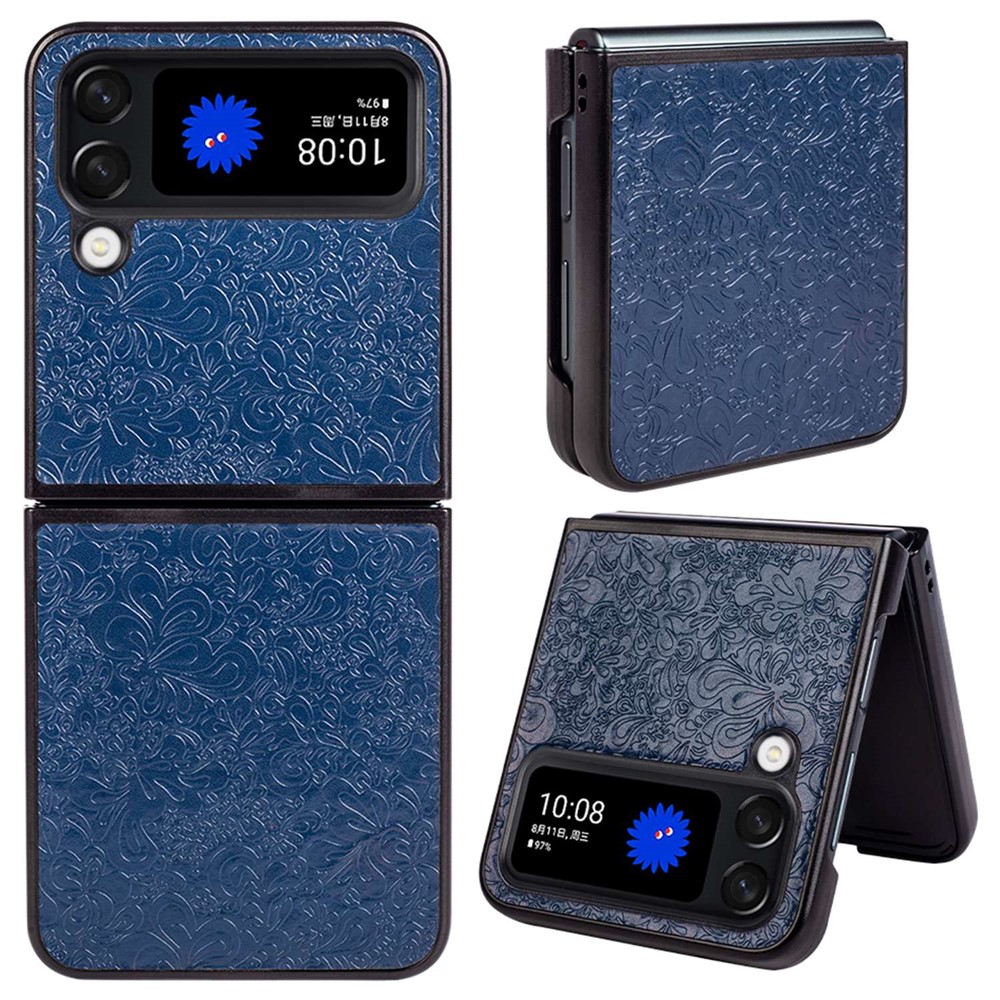 For Samsung Galaxy Z Flip4 5G Flowers Pattern Imprinting Phone Case PU Leather Coated Hard PC Shockproof Folding Protective Cover - Blue-1