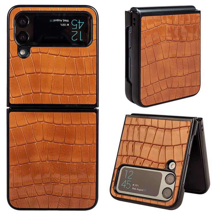 For Samsung Galaxy Z Flip4 5G Crocodile Texture Non-Slip Grip Case PU Leather Coated Hard PC Scratch Resistant Protective Phone Cover - Brown-1