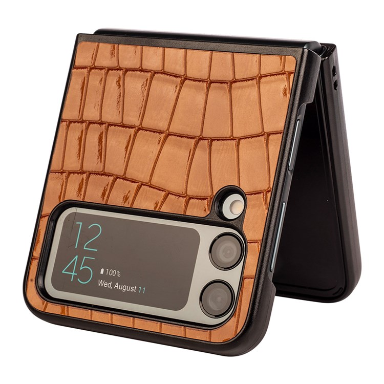 For Samsung Galaxy Z Flip4 5G Crocodile Texture Non-Slip Grip Case PU Leather Coated Hard PC Scratch Resistant Protective Phone Cover - Brown-3