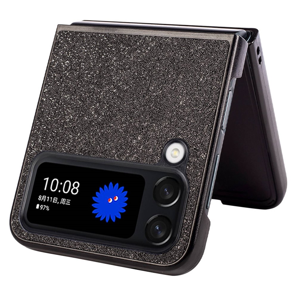 For Samsung Galaxy Z Flip4 5G Flash Powder Phone Case PU Leather Coated Hard PC Hybrid Shockproof Protection Cover - Black-3