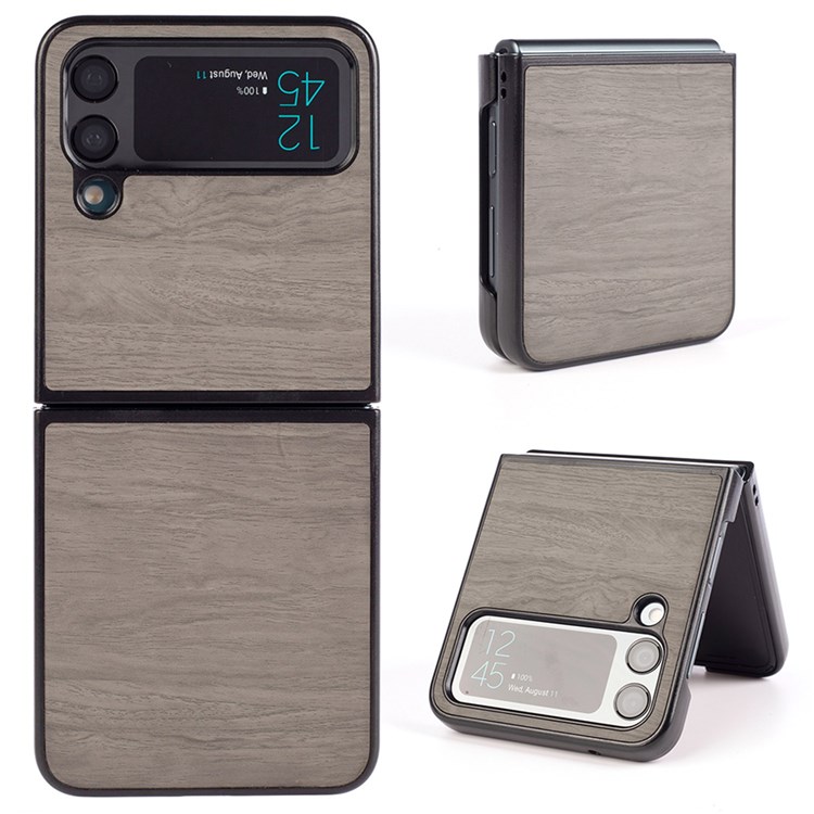 For Samsung Galaxy Z Flip4 5G Wood Texture Folding Phone Case Anti-drop PU Leather Coated PC Protective Cover - Grey-1