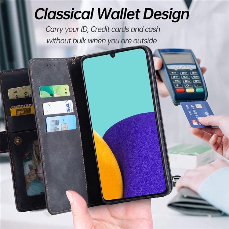 CASEDANCE Waltz 002 Series PU Leather Smartphone Case for Samsung Galaxy A13 4G, Wallet Adjustable Stand Phone Shell Magnetic Phone Cover - Black-5