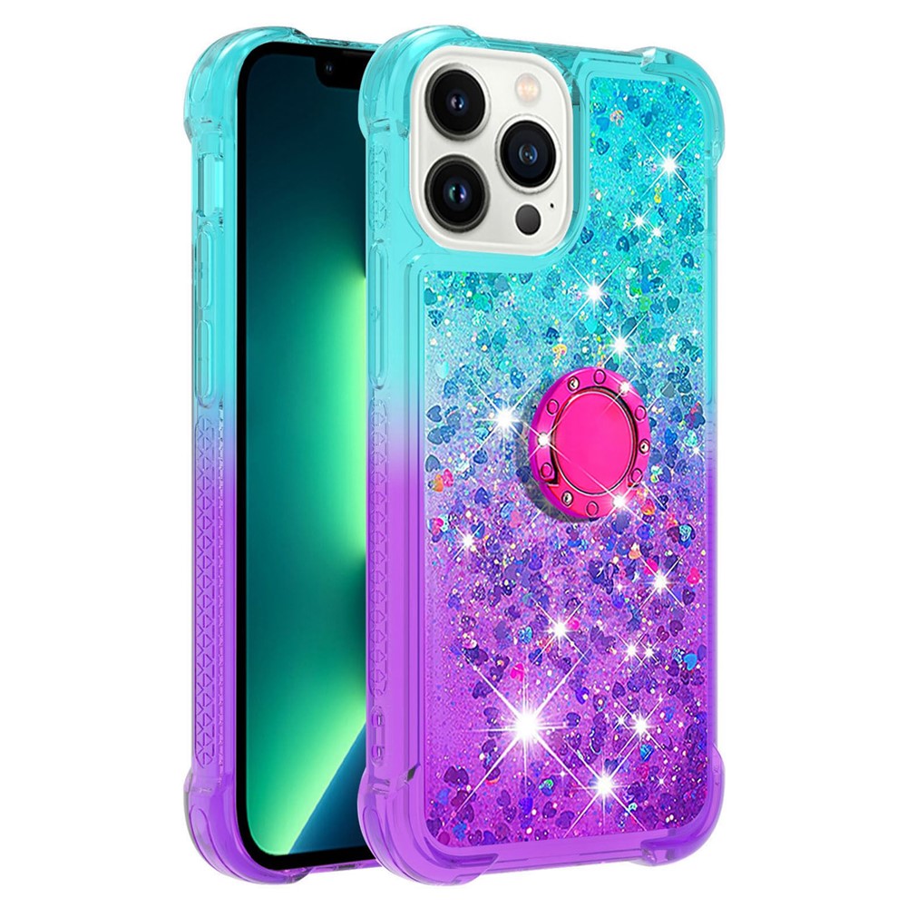 For iPhone 14 Pro 6.1 inch YB Quicksand Series-8 Gradient Color Quicksand Phone Case Ring Holder Kickstand TPU Back Cover - Sky Blue / Purple-1