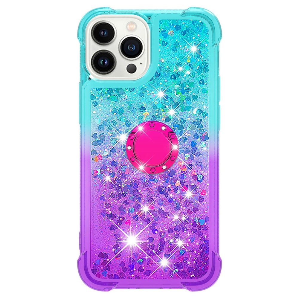 For iPhone 14 Pro 6.1 inch YB Quicksand Series-8 Gradient Color Quicksand Phone Case Ring Holder Kickstand TPU Back Cover - Sky Blue / Purple-2