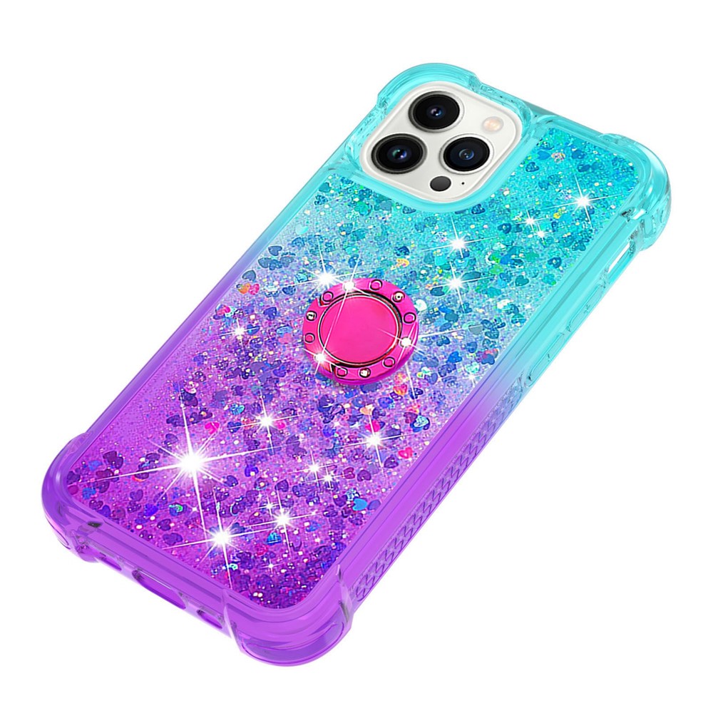 For iPhone 14 Pro 6.1 inch YB Quicksand Series-8 Gradient Color Quicksand Phone Case Ring Holder Kickstand TPU Back Cover - Sky Blue / Purple-3