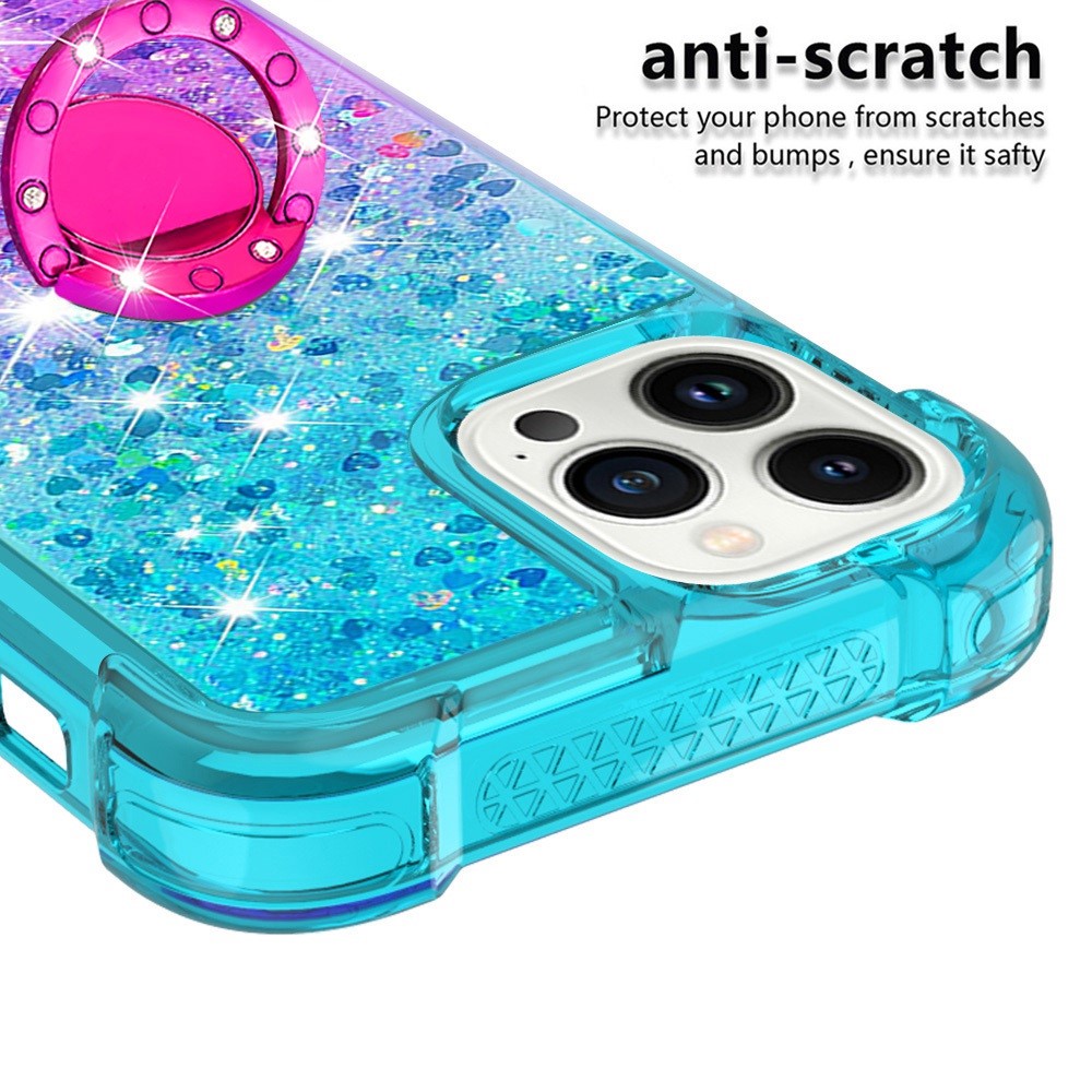 For iPhone 14 Pro 6.1 inch YB Quicksand Series-8 Gradient Color Quicksand Phone Case Ring Holder Kickstand TPU Back Cover - Sky Blue / Purple-4