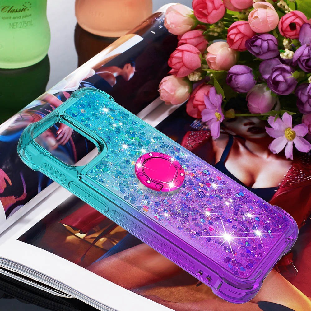 For iPhone 14 Pro 6.1 inch YB Quicksand Series-8 Gradient Color Quicksand Phone Case Ring Holder Kickstand TPU Back Cover - Sky Blue / Purple-6