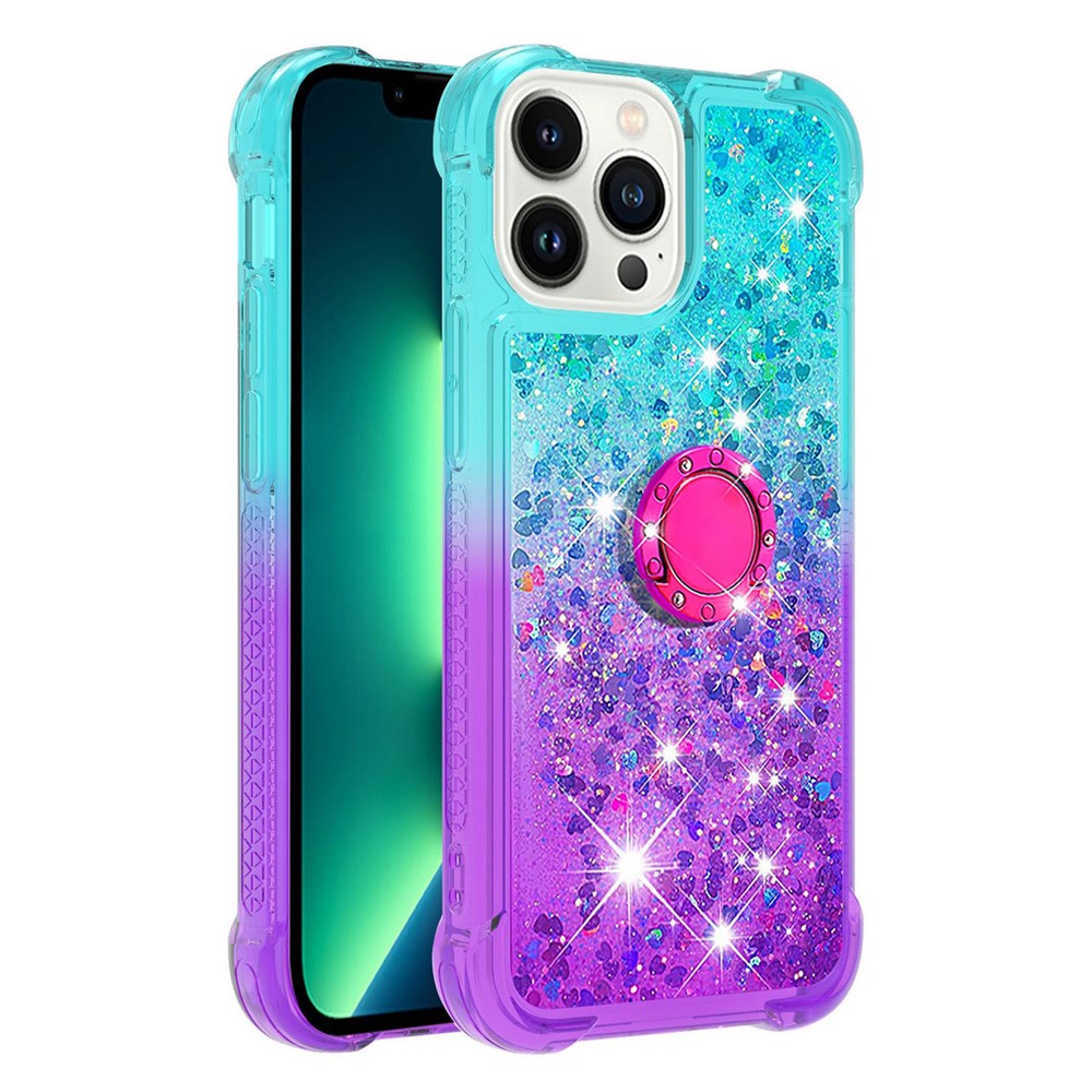 For iPhone 14 Pro Max 6.7 inch YB Quicksand Series-8 Gradient Color Quicksand Moving Glitters TPU Phone Case Cover with Ring Holder Kickstand - Sky Blue / Purple-1