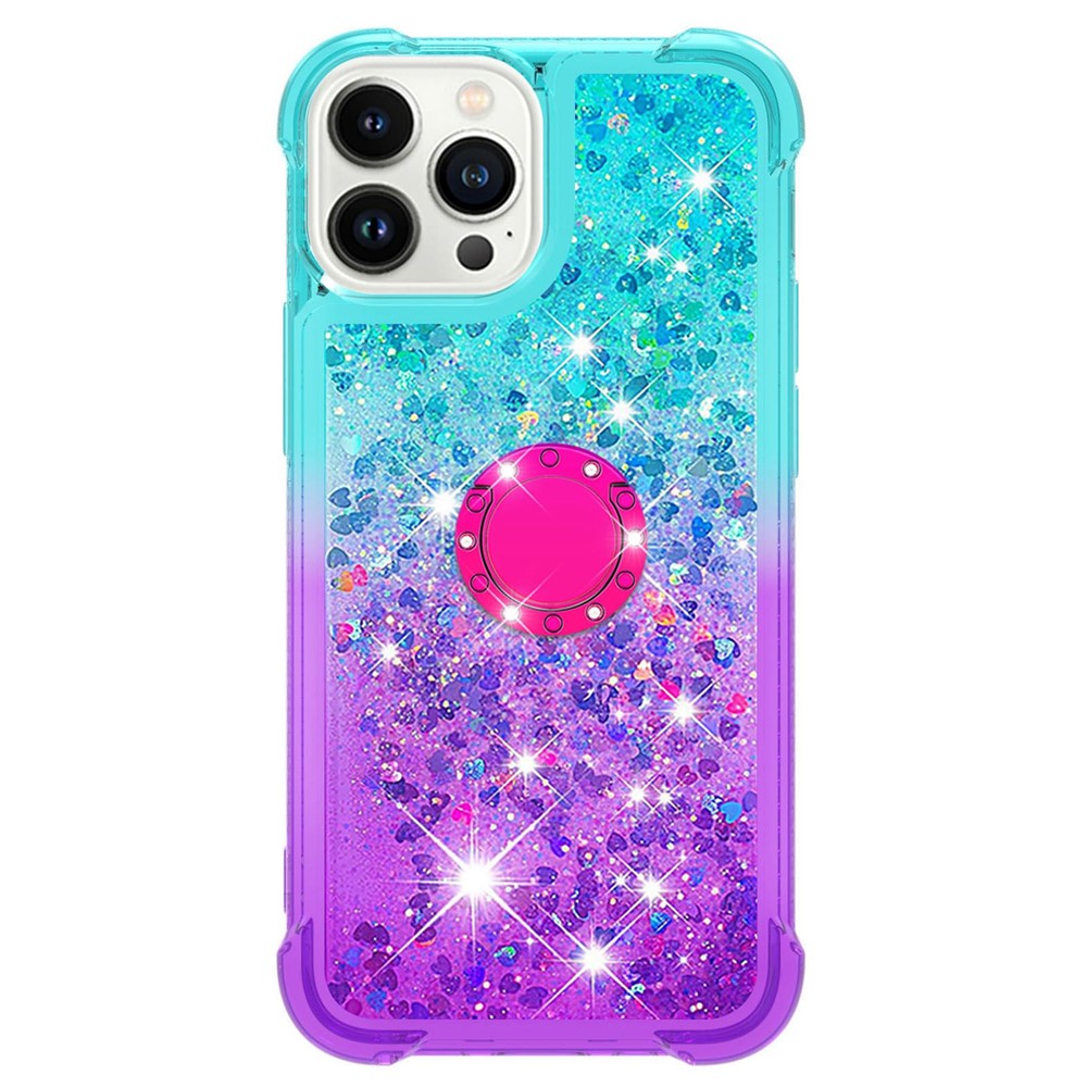For iPhone 14 Pro Max 6.7 inch YB Quicksand Series-8 Gradient Color Quicksand Moving Glitters TPU Phone Case Cover with Ring Holder Kickstand - Sky Blue / Purple-2
