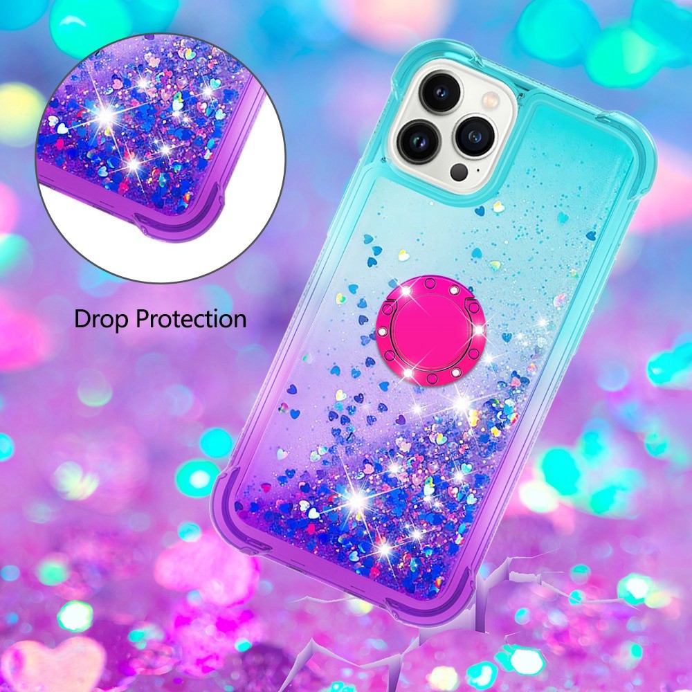 For iPhone 14 Pro Max 6.7 inch YB Quicksand Series-8 Gradient Color Quicksand Moving Glitters TPU Phone Case Cover with Ring Holder Kickstand - Sky Blue / Purple-5