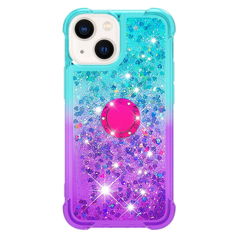 For iPhone 14 Max 6.7 inch YB Quicksand Series-8 Ring Kickstand Gradient Color Phone Cover Reinforced Corner Quicksand Soft TPU Case - Sky Blue / Purple-2