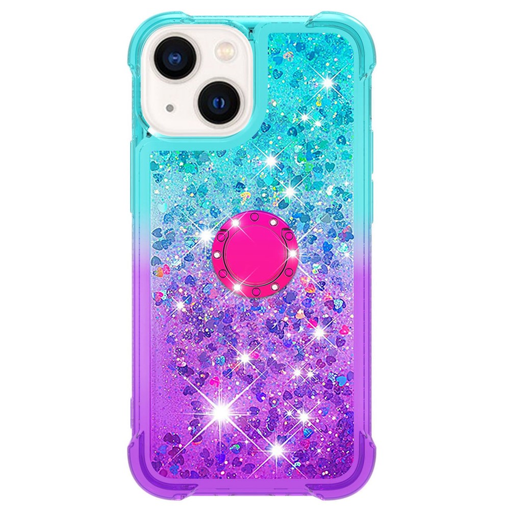 For iPhone 14 6.1 inch YB Quicksand Series-8 Soft TPU Gradient Color Quicksand Phone Case Ring Kickstand Anti-drop Cover - Sky Blue / Purple-2
