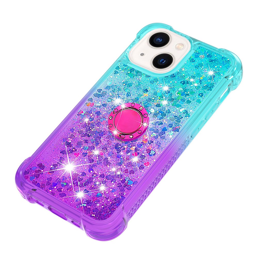 For iPhone 14 6.1 inch YB Quicksand Series-8 Soft TPU Gradient Color Quicksand Phone Case Ring Kickstand Anti-drop Cover - Sky Blue / Purple-3