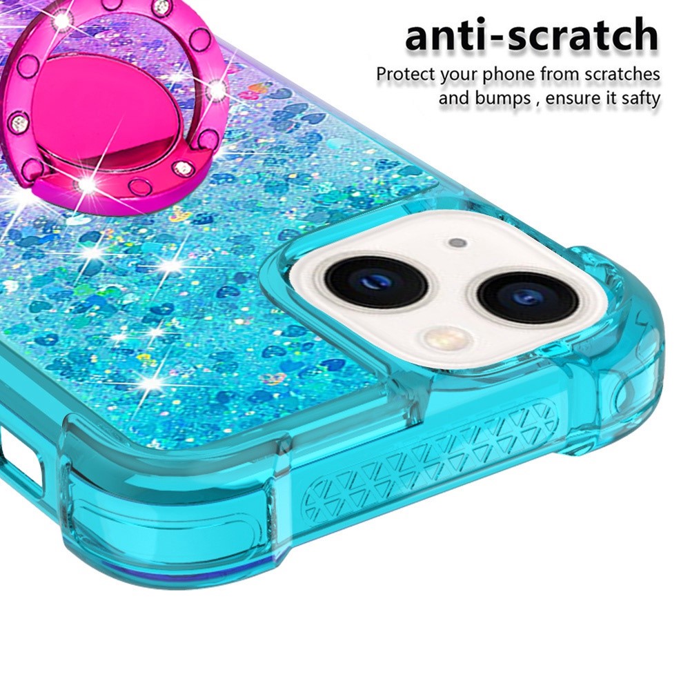 For iPhone 14 6.1 inch YB Quicksand Series-8 Soft TPU Gradient Color Quicksand Phone Case Ring Kickstand Anti-drop Cover - Sky Blue / Purple-4