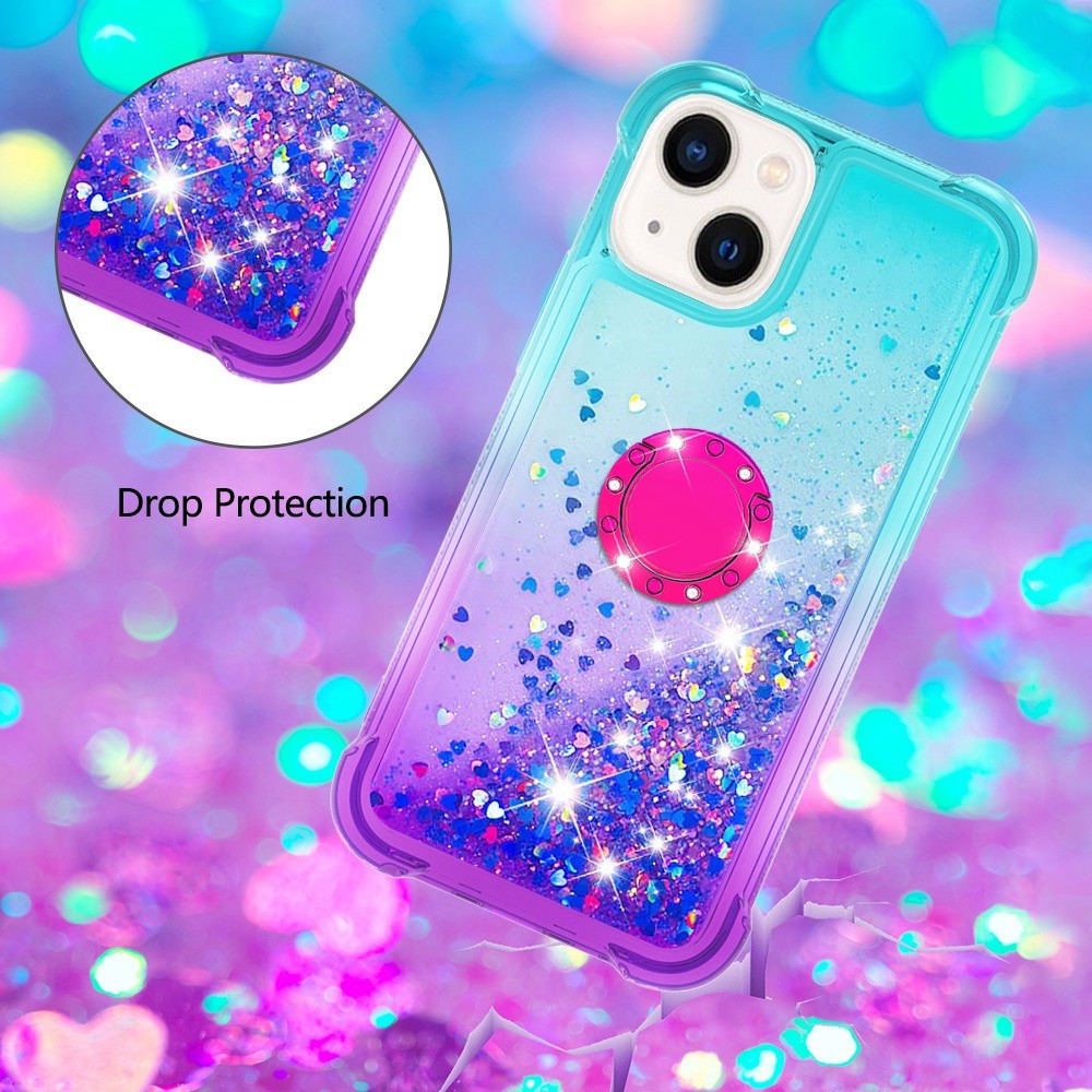 For iPhone 14 6.1 inch YB Quicksand Series-8 Soft TPU Gradient Color Quicksand Phone Case Ring Kickstand Anti-drop Cover - Sky Blue / Purple-5