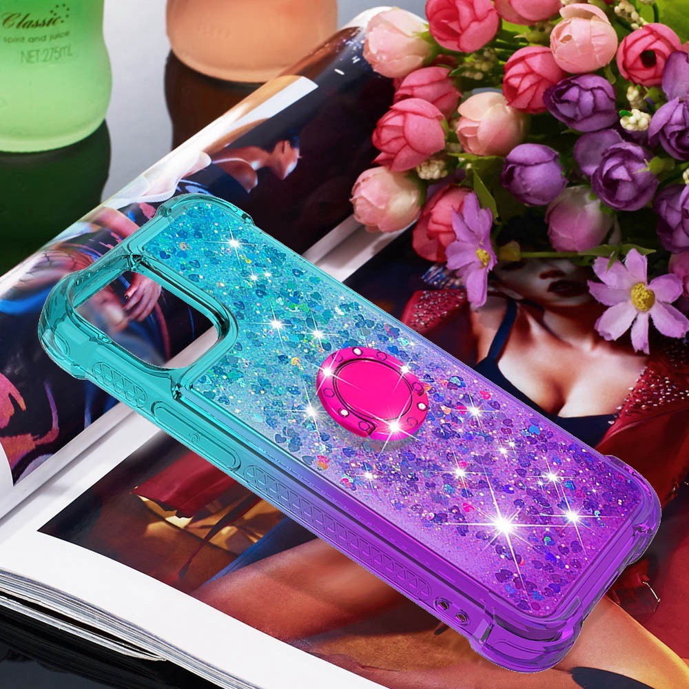 For iPhone 14 6.1 inch YB Quicksand Series-8 Soft TPU Gradient Color Quicksand Phone Case Ring Kickstand Anti-drop Cover - Sky Blue / Purple-6