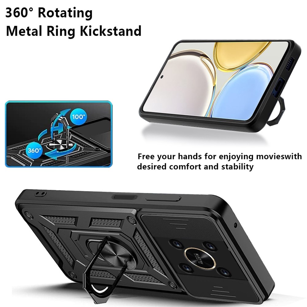 For Honor X9 4G / 5G Impact Resistant Cell Phone Shell Kickstand PC + TPU Hybrid Cover Slide Camera Protection Phone Case - Black-5