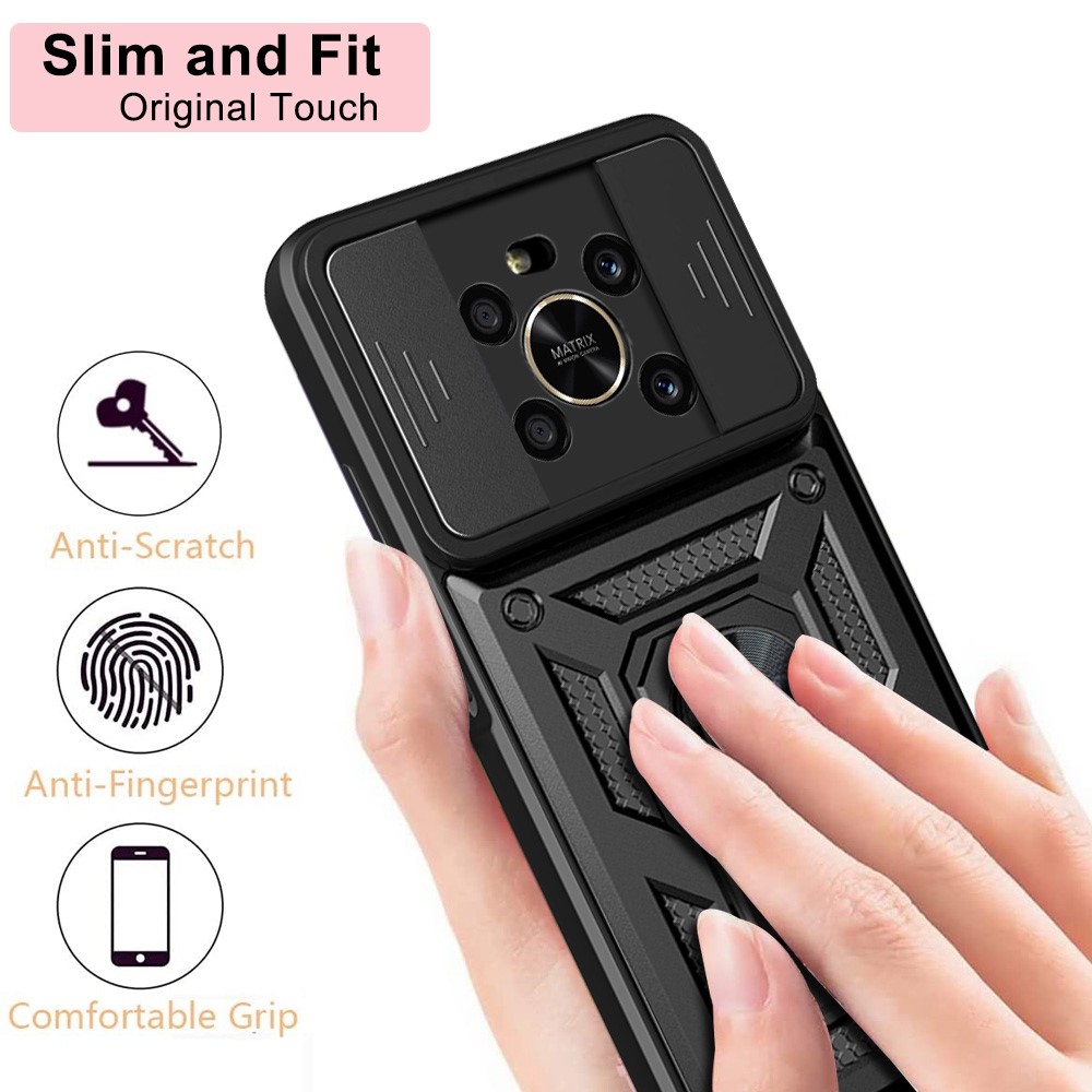 For Honor X9 4G / 5G Impact Resistant Cell Phone Shell Kickstand PC + TPU Hybrid Cover Slide Camera Protection Phone Case - Black-6